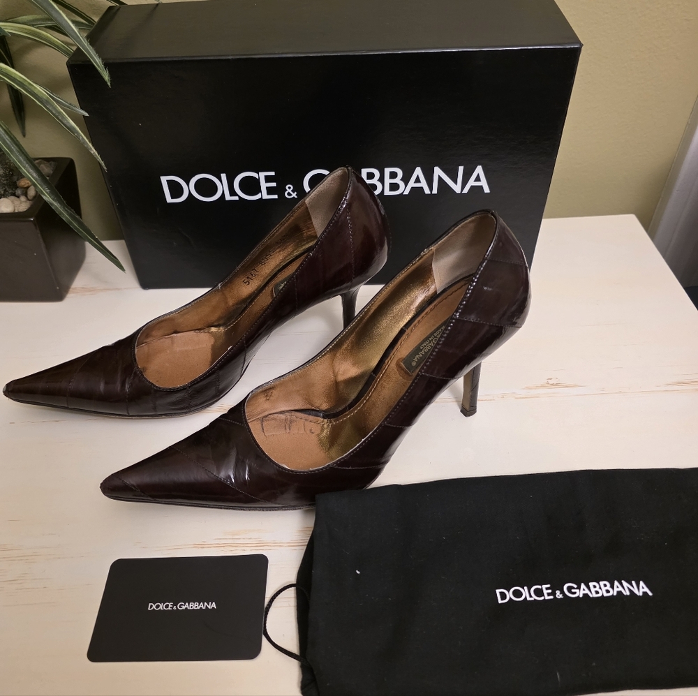 Dolce & Gabbana | Dark Brown Leather Pointed-Toe Pumps Sz 36.5 - Picture 1 of 12